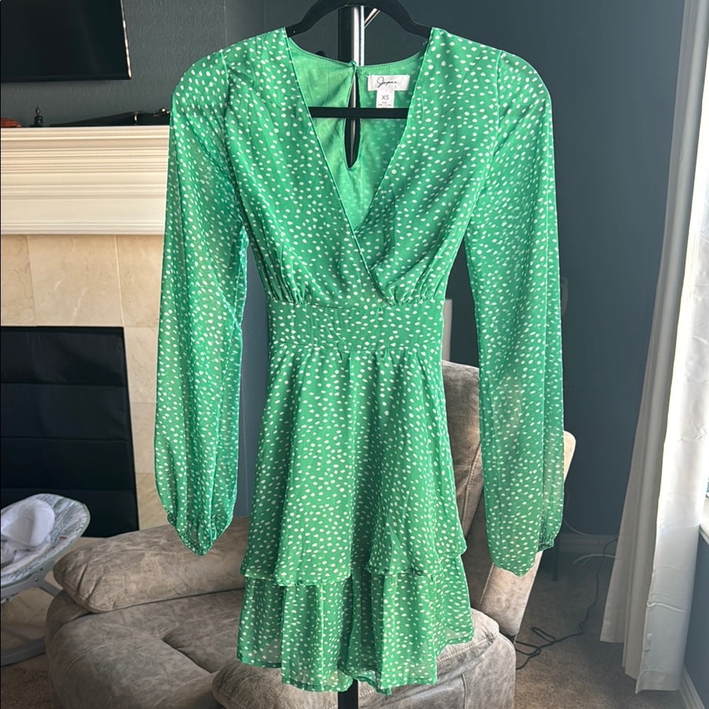 Japna Green V-Neck Bishop Sleeve Dress